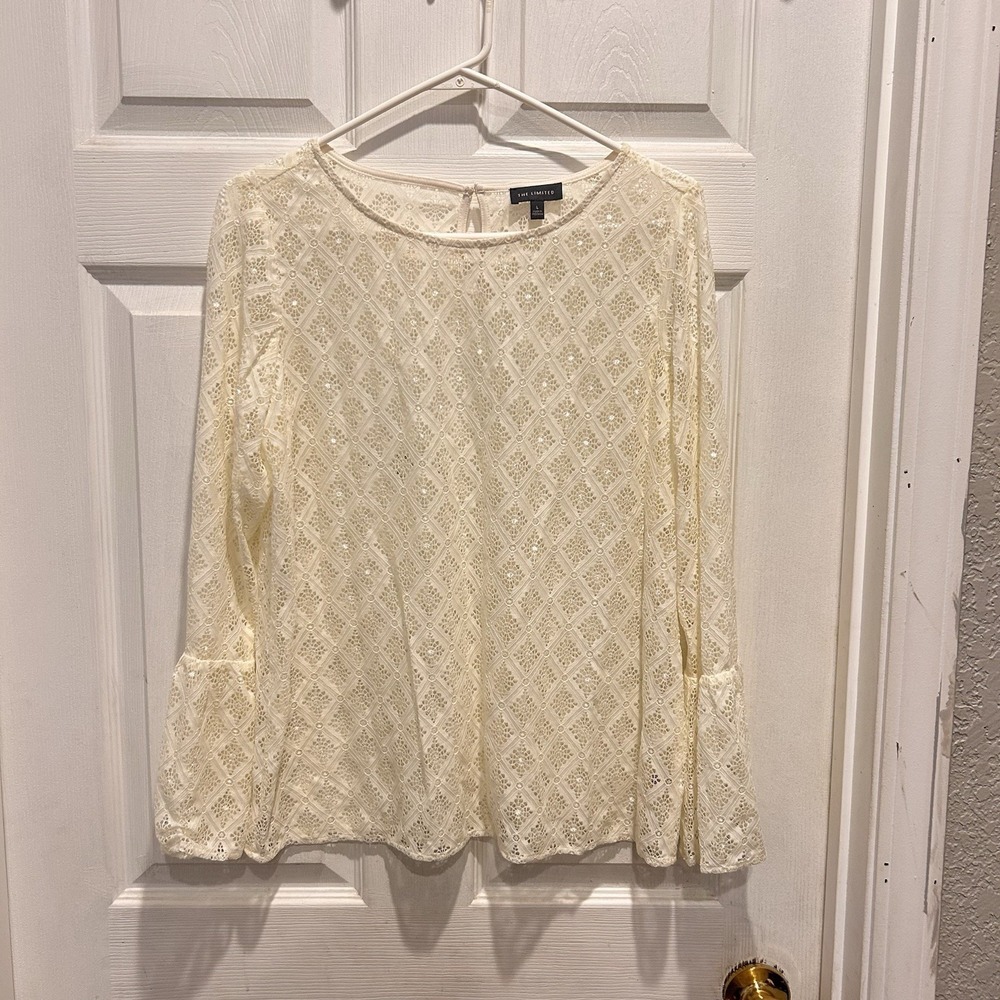 The Limited Ivory Geometric Lace Bell Sleeve Blouse Top Large Bridal Coquette